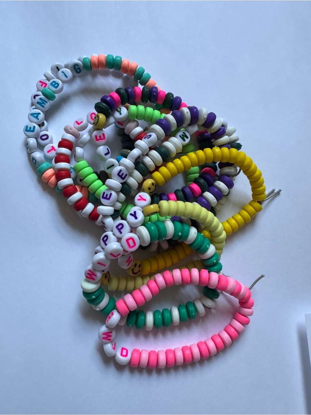 10 Colorful Beaded Stretch Bracelets - Pink, Yellow, Green, White, Purple